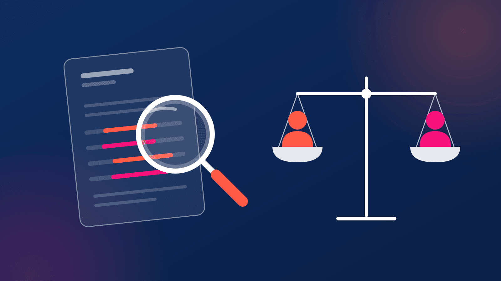 A magnifying glass examines the lines of a payroll document, beside scales where two people are balanced.